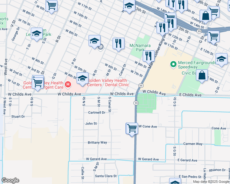 map of restaurants, bars, coffee shops, grocery stores, and more near 414 Canal Street in Merced