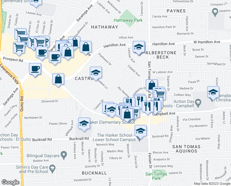 map of restaurants, bars, coffee shops, grocery stores, and more near 1847 Palo Santo Drive in Campbell