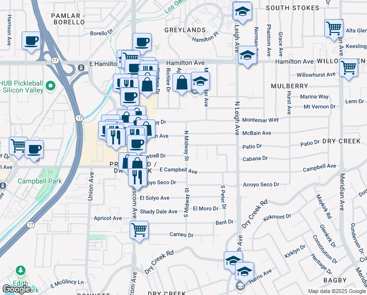 map of restaurants, bars, coffee shops, grocery stores, and more near 1250 Patio Court in Campbell