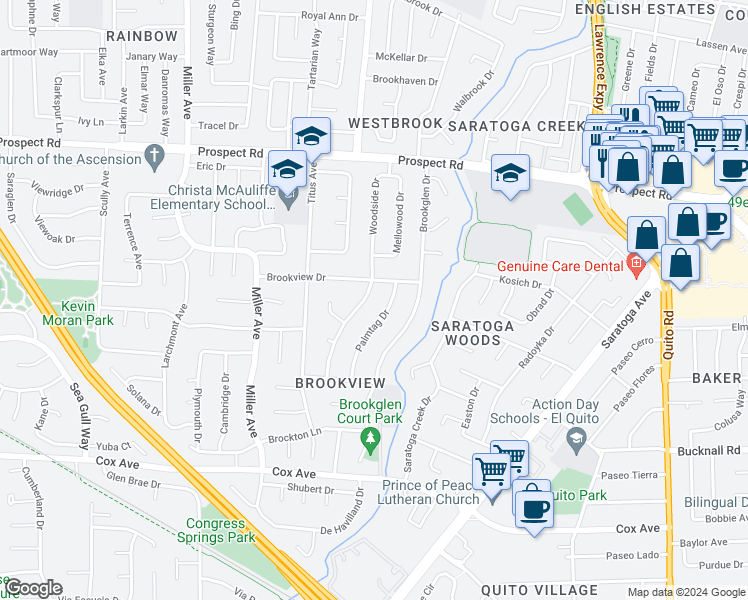 map of restaurants, bars, coffee shops, grocery stores, and more near 12390 Woodside Drive in Saratoga