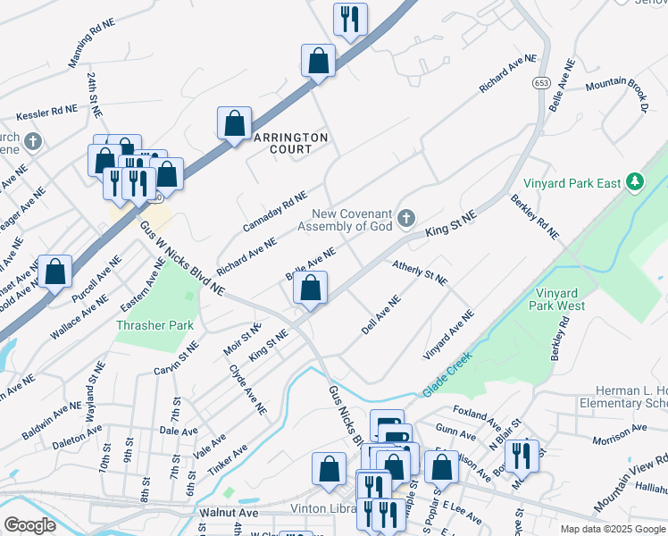 map of restaurants, bars, coffee shops, grocery stores, and more near 2619 Belle Avenue Northeast in Roanoke