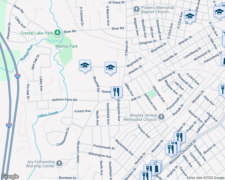 map of restaurants, bars, coffee shops, grocery stores, and more near 3109 Sussex Drive in Hopewell