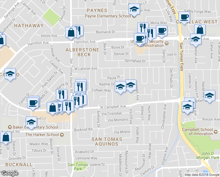 map of restaurants, bars, coffee shops, grocery stores, and more near 1195 Colleen Way in Campbell