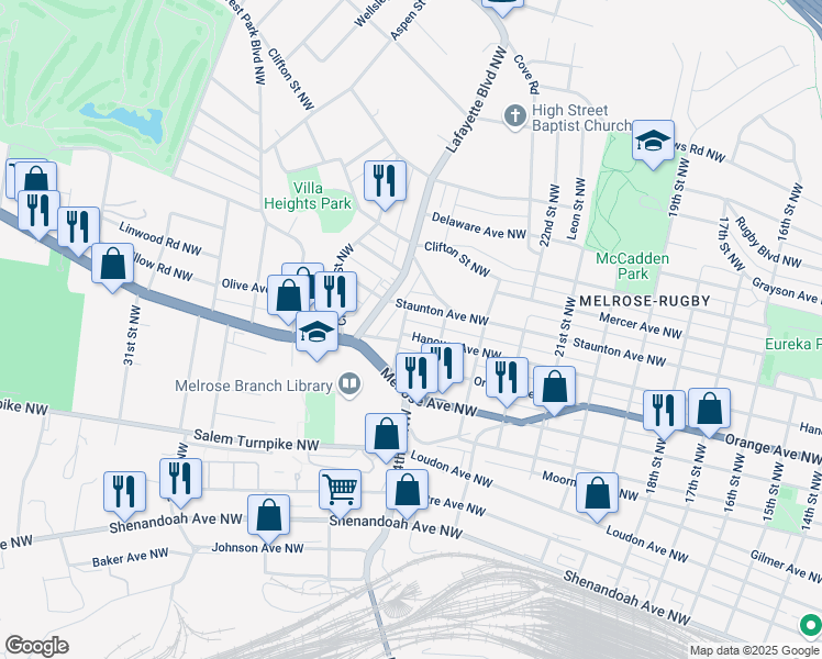 map of restaurants, bars, coffee shops, grocery stores, and more near 2427 Hanover Avenue Northwest in Roanoke