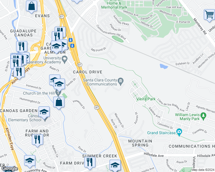 map of restaurants, bars, coffee shops, grocery stores, and more near 2661 Carol Drive in San Jose