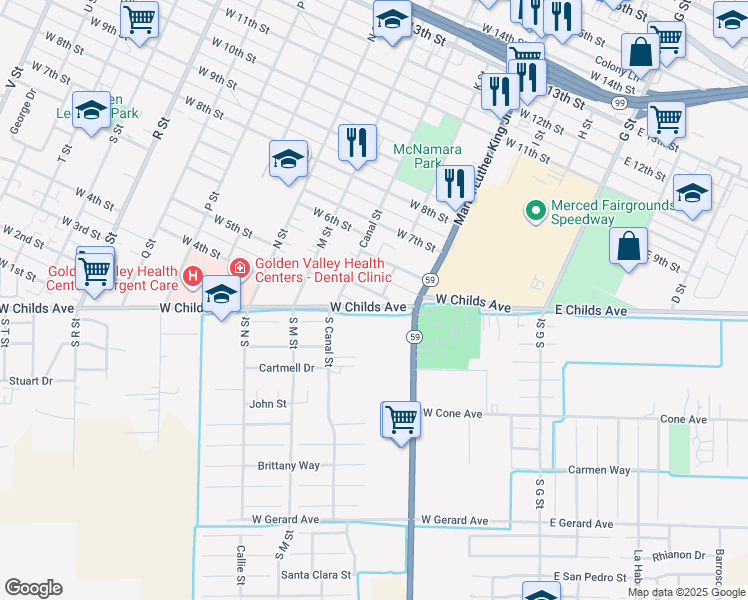 map of restaurants, bars, coffee shops, grocery stores, and more near 404 West 5th Street in Merced