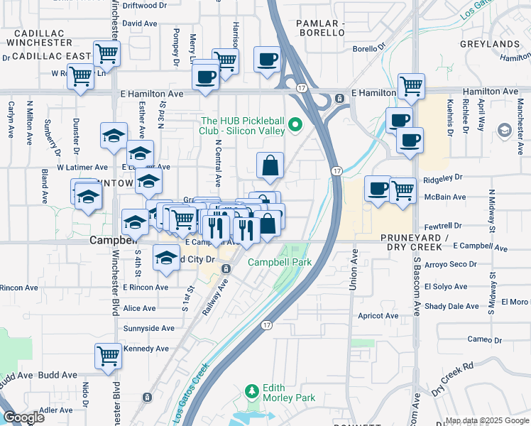 map of restaurants, bars, coffee shops, grocery stores, and more near 147 Orchard Oak Circle in Campbell