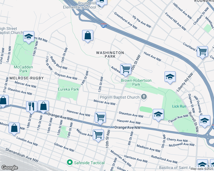 map of restaurants, bars, coffee shops, grocery stores, and more near 1100-1124 Thomas Avenue Northwest in Roanoke