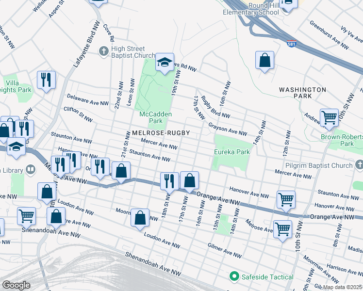 map of restaurants, bars, coffee shops, grocery stores, and more near 1731 Mercer Ave NW in Roanoke
