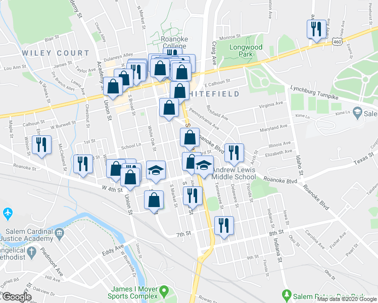 map of restaurants, bars, coffee shops, grocery stores, and more near 425 South College Avenue in Salem
