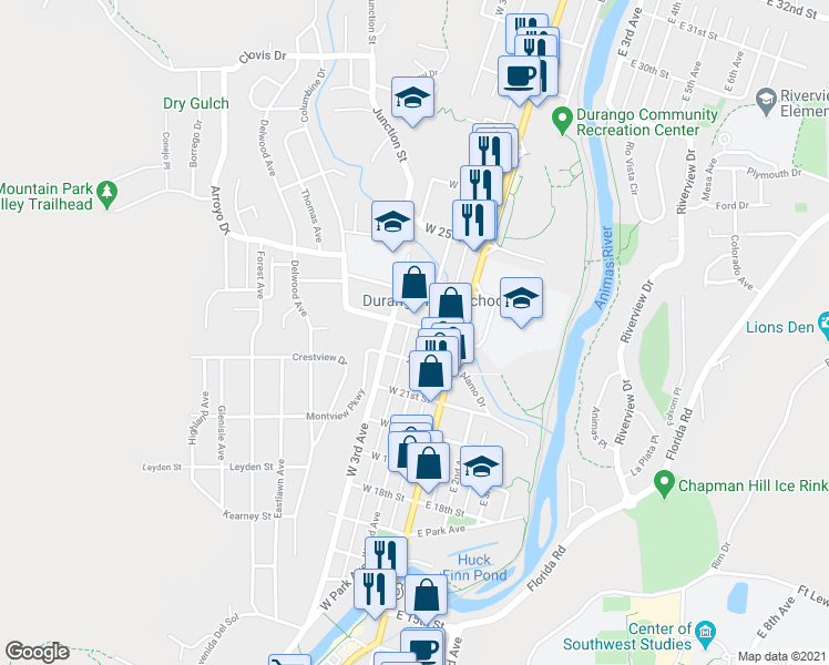 map of restaurants, bars, coffee shops, grocery stores, and more near 2277 W 2nd Ave in Durango