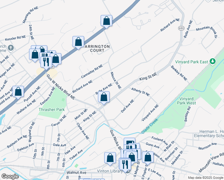 map of restaurants, bars, coffee shops, grocery stores, and more near 2633 Belle Avenue Northeast in Roanoke