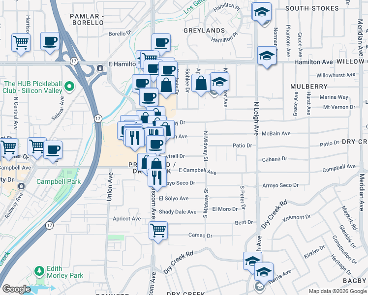map of restaurants, bars, coffee shops, grocery stores, and more near 115 McBain Court in Campbell