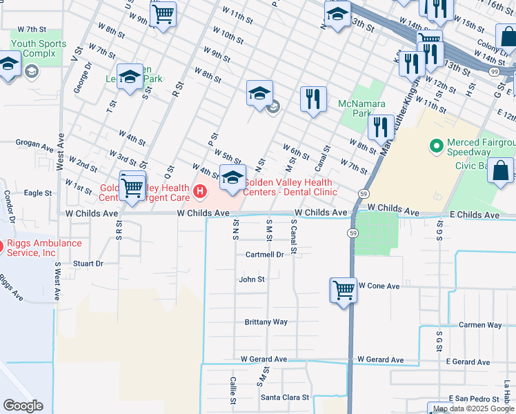 map of restaurants, bars, coffee shops, grocery stores, and more near 635 West Childs Avenue in Merced