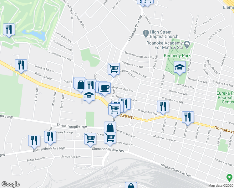 map of restaurants, bars, coffee shops, grocery stores, and more near 2411 Hanover Avenue Northwest in Roanoke