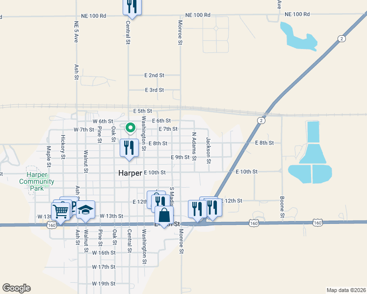 map of restaurants, bars, coffee shops, grocery stores, and more near 800-842 North Adams Street in Harper