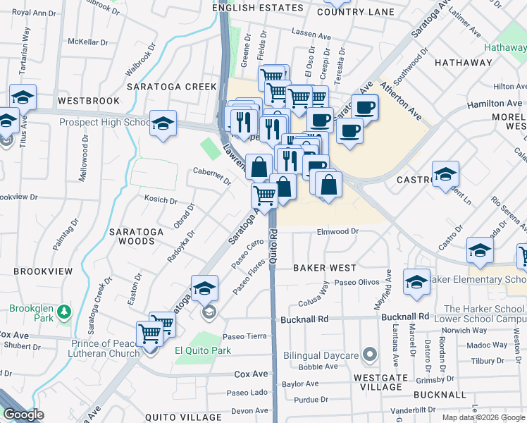 map of restaurants, bars, coffee shops, grocery stores, and more near 1800 Saratoga Avenue in San Jose