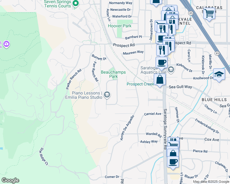map of restaurants, bars, coffee shops, grocery stores, and more near 12366 Crayside Lane in Saratoga