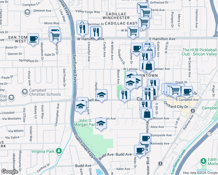 map of restaurants, bars, coffee shops, grocery stores, and more near 98 Carlyn Avenue in Campbell