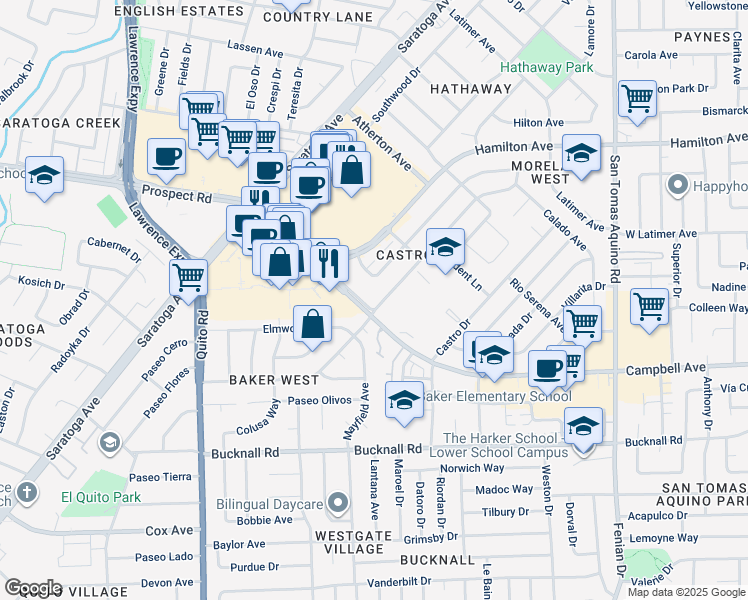 map of restaurants, bars, coffee shops, grocery stores, and more near in San Jose