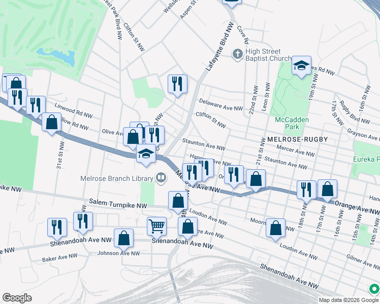 map of restaurants, bars, coffee shops, grocery stores, and more near 2411 Hanover Avenue Northwest in Roanoke