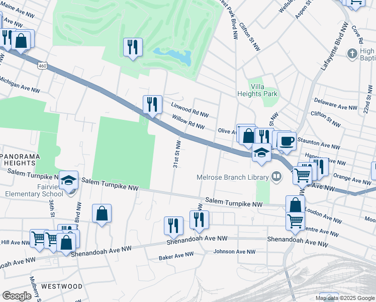 map of restaurants, bars, coffee shops, grocery stores, and more near 3038 Melrose Avenue Northwest in Roanoke