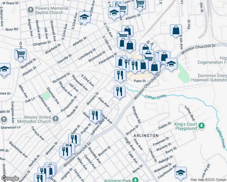 map of restaurants, bars, coffee shops, grocery stores, and more near 8038 Crestline Boulevard in Hopewell