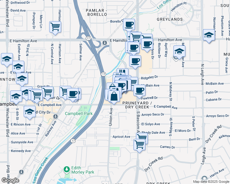 map of restaurants, bars, coffee shops, grocery stores, and more near 53 Campisi Way in Campbell