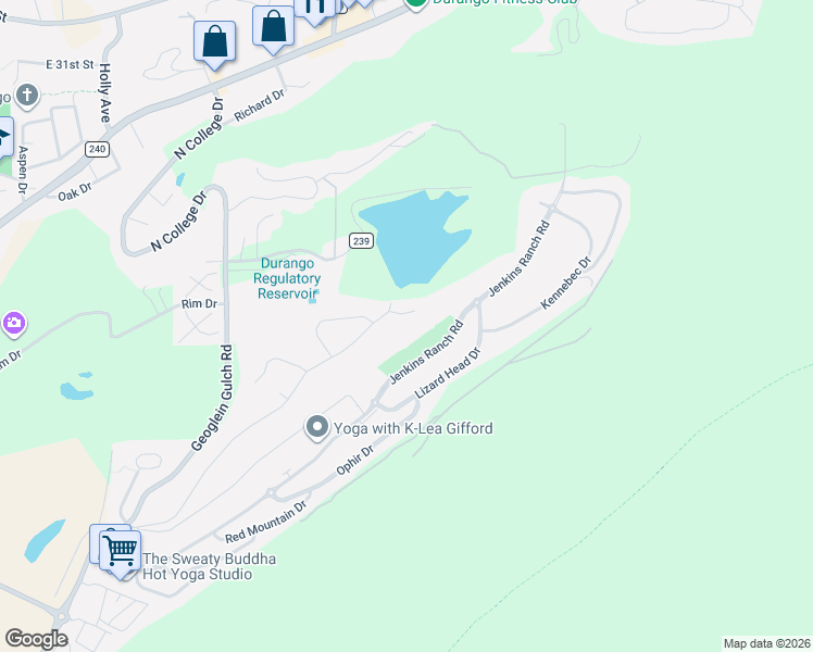 map of restaurants, bars, coffee shops, grocery stores, and more near 24 Jenkins Dr in Durango
