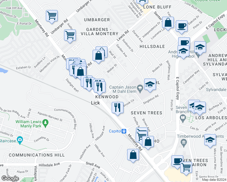 map of restaurants, bars, coffee shops, grocery stores, and more near 51 Kenbrook Circle in San Jose