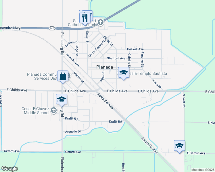 map of restaurants, bars, coffee shops, grocery stores, and more near 55 Division Street in Planada