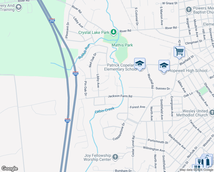 map of restaurants, bars, coffee shops, grocery stores, and more near 3607 Settlers Lane in Hopewell