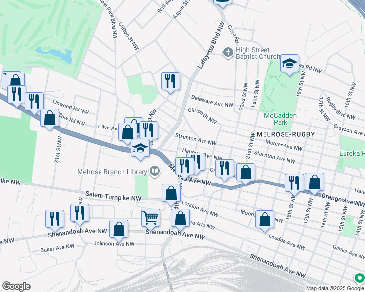 map of restaurants, bars, coffee shops, grocery stores, and more near 2411 Hanover Avenue Northwest in Roanoke