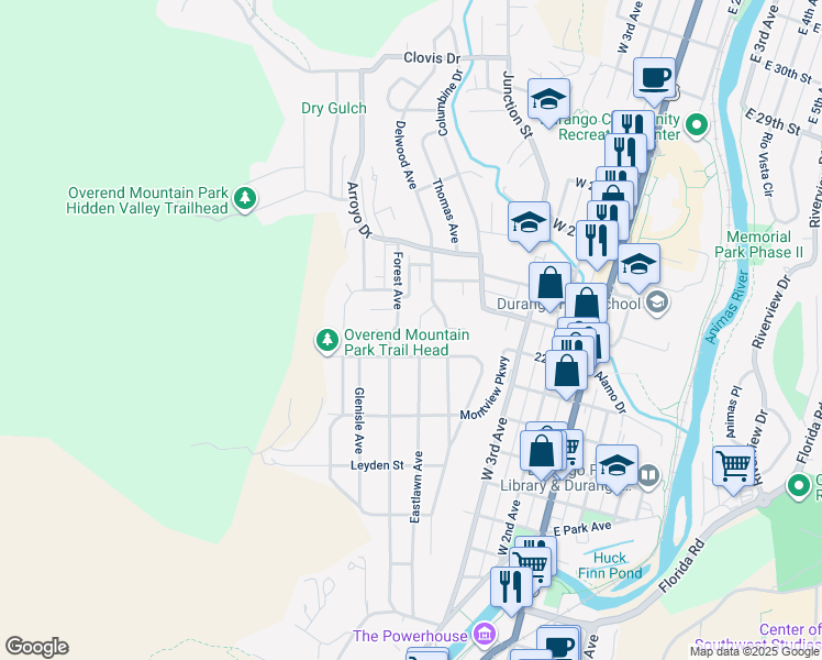 map of restaurants, bars, coffee shops, grocery stores, and more near 21 Delwood Place in Durango