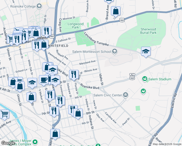 map of restaurants, bars, coffee shops, grocery stores, and more near 809 Elizabeth Avenue in Salem