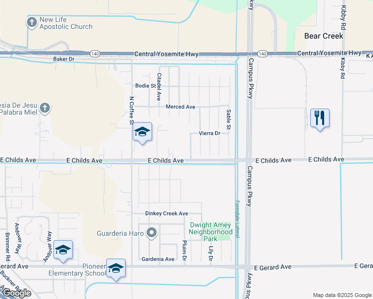 map of restaurants, bars, coffee shops, grocery stores, and more near 37 Medieval Street in Merced
