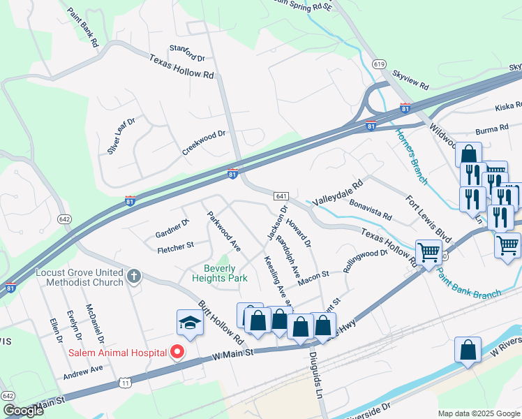 map of restaurants, bars, coffee shops, grocery stores, and more near 329 Howard Drive in Salem