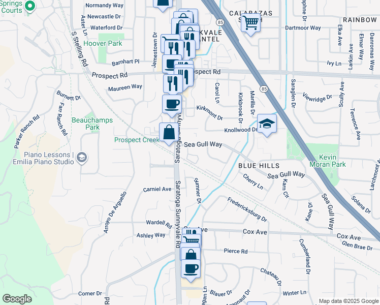 map of restaurants, bars, coffee shops, grocery stores, and more near 18010 Harvest Lane in Saratoga