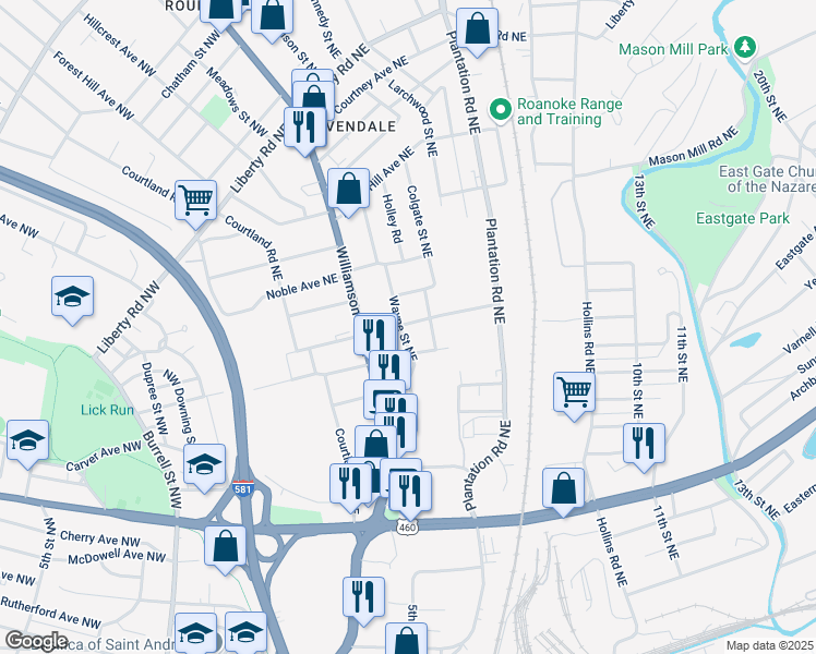 map of restaurants, bars, coffee shops, grocery stores, and more near 303 Thurston Avenue Northeast in Roanoke