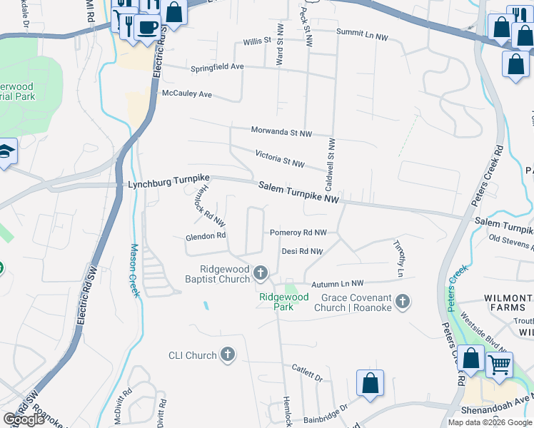 map of restaurants, bars, coffee shops, grocery stores, and more near 382 Koogler Drive Northwest in Roanoke