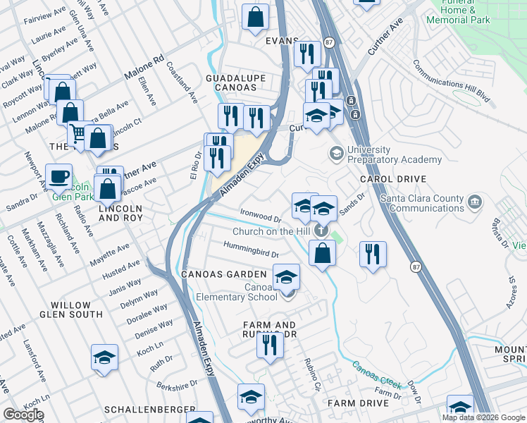 map of restaurants, bars, coffee shops, grocery stores, and more near 867 Ironwood Drive in San Jose
