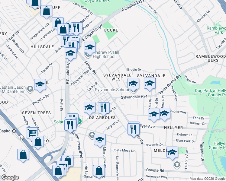map of restaurants, bars, coffee shops, grocery stores, and more near 3579 Pitcairn Way in San Jose