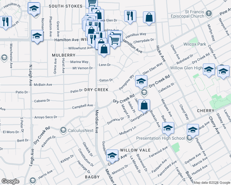 map of restaurants, bars, coffee shops, grocery stores, and more near 1722 Peregrino Way in San Jose