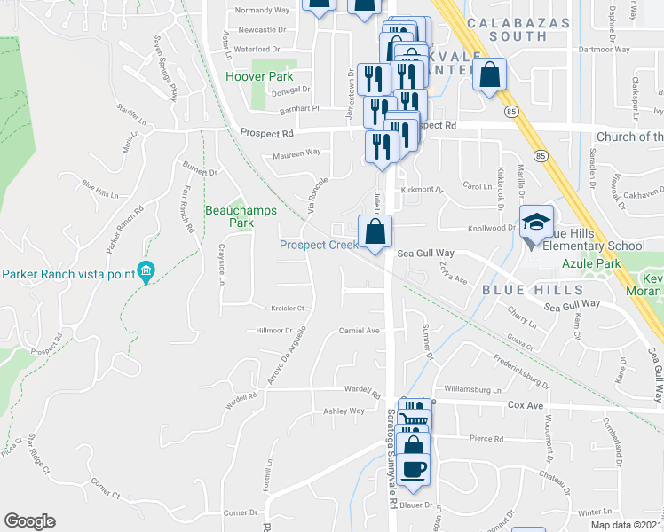 map of restaurants, bars, coffee shops, grocery stores, and more near 12423 Green Meadow Lane in Saratoga
