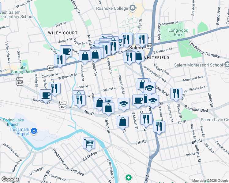 map of restaurants, bars, coffee shops, grocery stores, and more near 411 South Broad Street in Salem