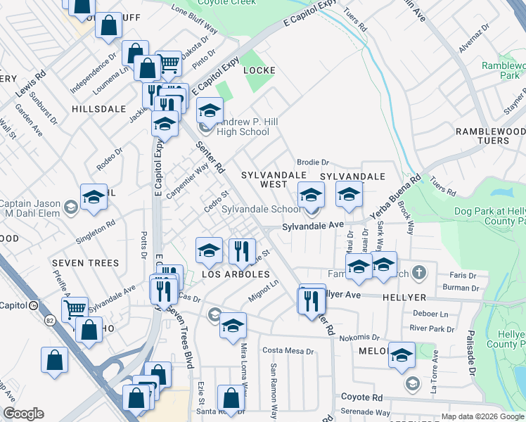 map of restaurants, bars, coffee shops, grocery stores, and more near 3535 Pitcairn Way in San Jose