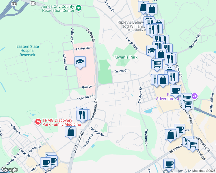 map of restaurants, bars, coffee shops, grocery stores, and more near 308 Ironbound Road in Williamsburg