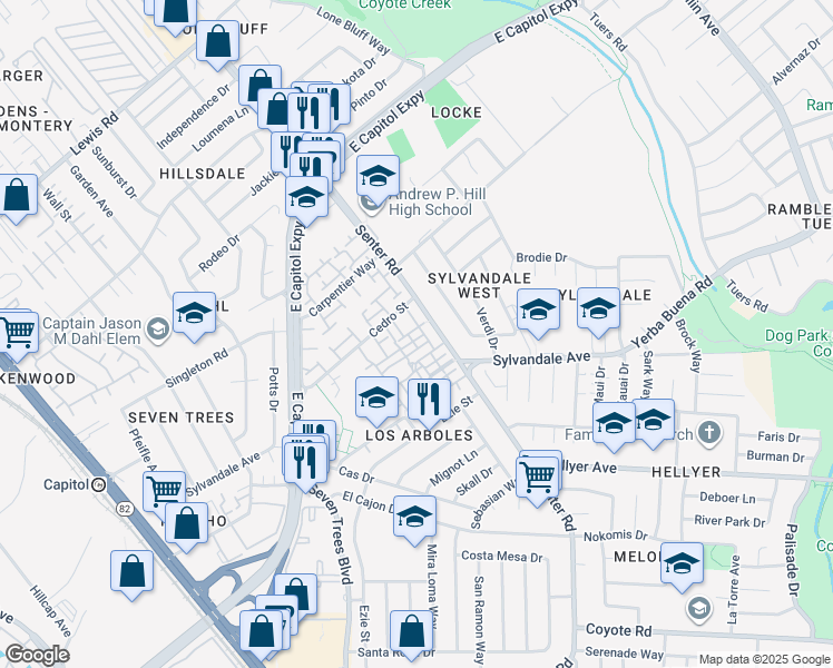 map of restaurants, bars, coffee shops, grocery stores, and more near in San Jose