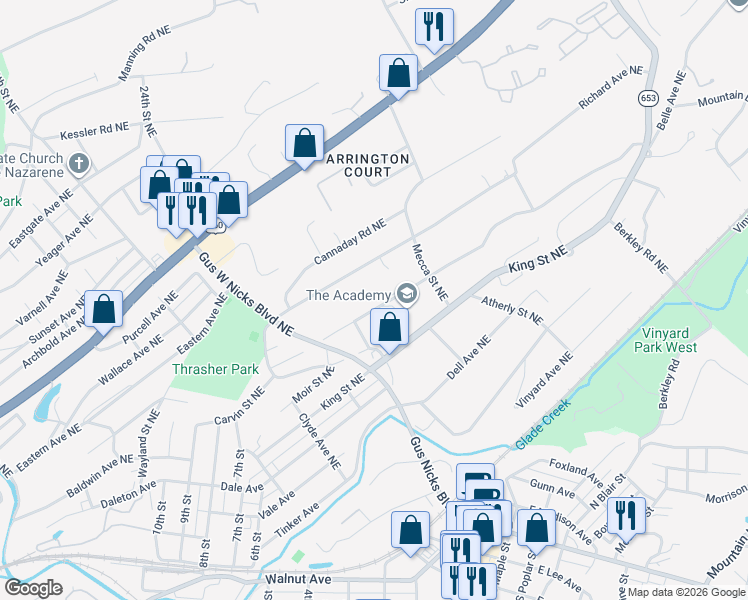 map of restaurants, bars, coffee shops, grocery stores, and more near 2550 Belle Avenue Northeast in Roanoke