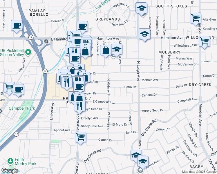 map of restaurants, bars, coffee shops, grocery stores, and more near North Midway Street in Campbell